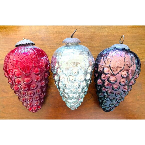 Vintage Kugel Style Ornament Set of 3 Blown Glass Red Silver Burgandy 6.5 In - Picture 1 of 11